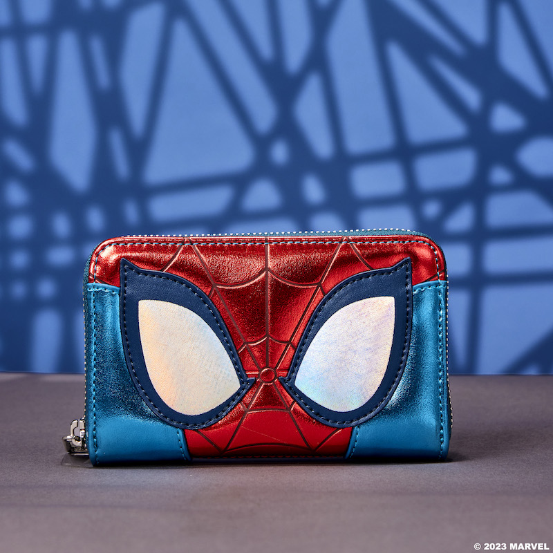 Image of the Marvel Metallic Spider-Man Zip Around Wallet, featuring a shiny Spider-Man mask on the front, against a blue background